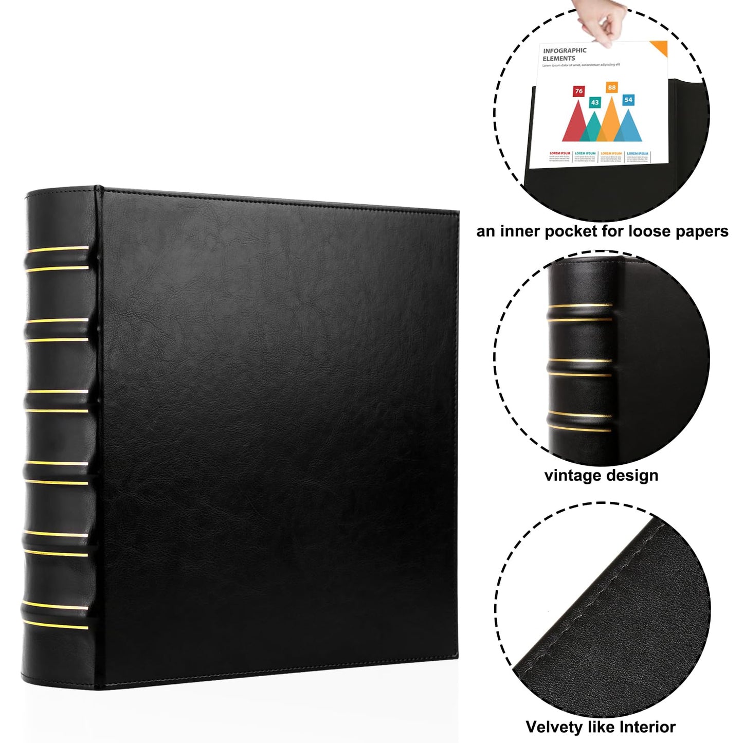 LETVPVOW Vintage Hardback 3 Ring Binder 2 Inch, Professional Leather Binders 2 Inch D Ring, Holds 400 Sheets Capacity - Black