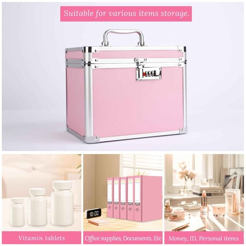 Buanson Girls Makeup Box Organizer Storage with Combination Lock, Locking Makeup Cosmetic Train Case for Women, 9.96" x 6.8" x 7.79" Travel Make up Box Pink