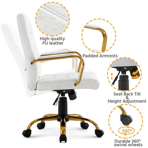 Yaheetech Mid-Back Office Chair PU Leather Desk Chair Adjustable Executive Task Chair w/Lumber Support Gold Leg White Seat