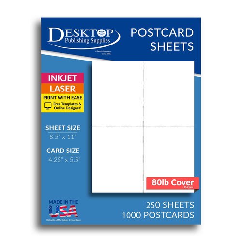 Heavyweight Blank Postcard Paper for Printing - White - 250 Sheets / 1000 Postcards - Perforated 4 per sheet - Thick 80lb Cover Cardstock - Inkjet/Laser Printable
