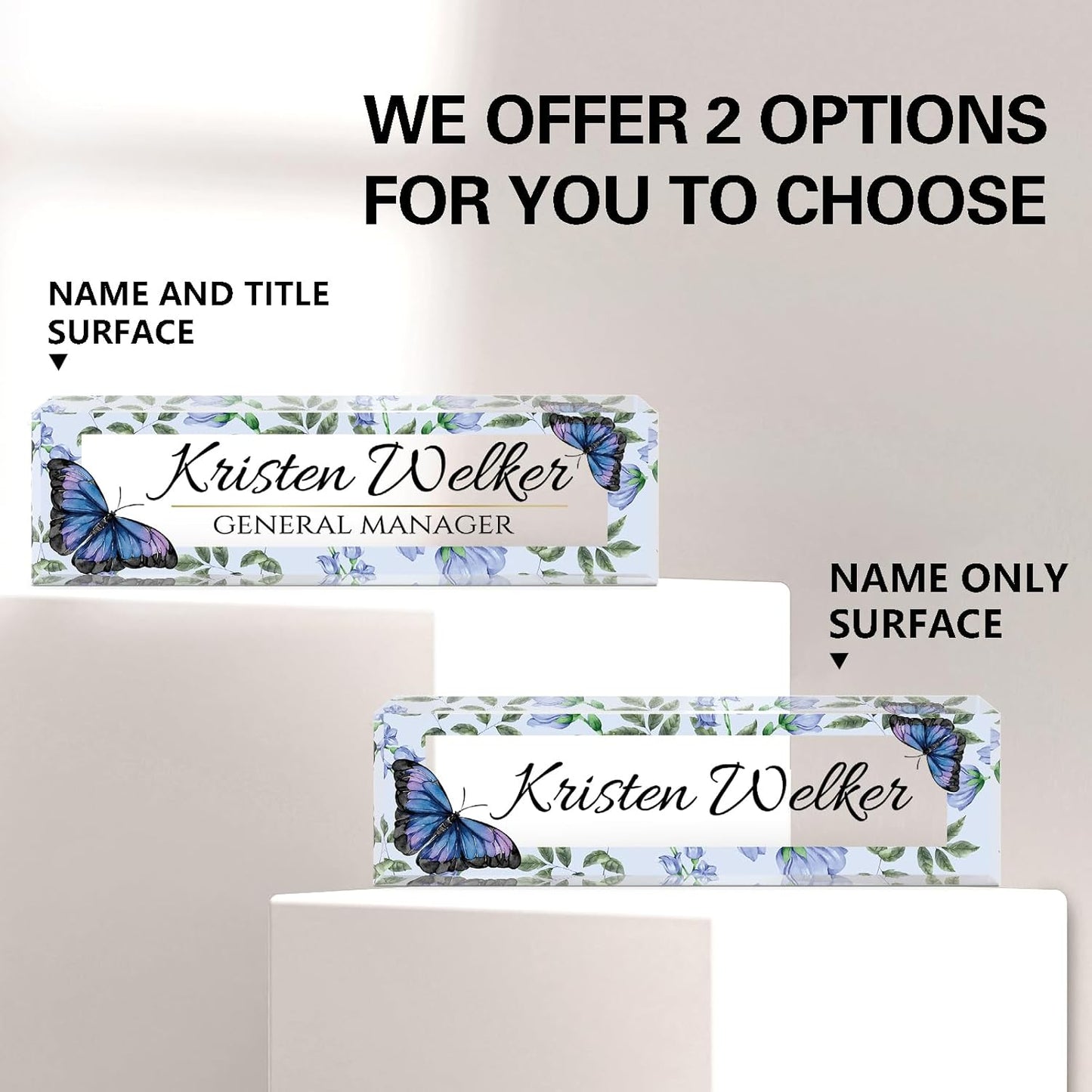 Skiennix Personalized Desk Name Plate - Custom Acrylic Office Sign for Employee Appreciation | Blue Butterfly Design