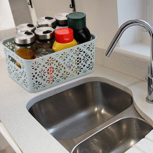 Frcctre 8 Pack Plastic Storage Baskets, Portable Small Pantry Organizer BasketS Bins with Handle, Stackable Household Organizers Nursery Basket for Home, Kitchen Cabinet Countertop Bedroom Bathroom