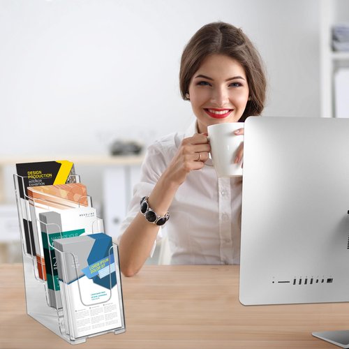 zavekia 3 Pack 4 Tier Acrylic Brochure Holder , 4-Inch Wide Clear Literature Holder Acrylic Pamphlet Holder Brochure Display Stand