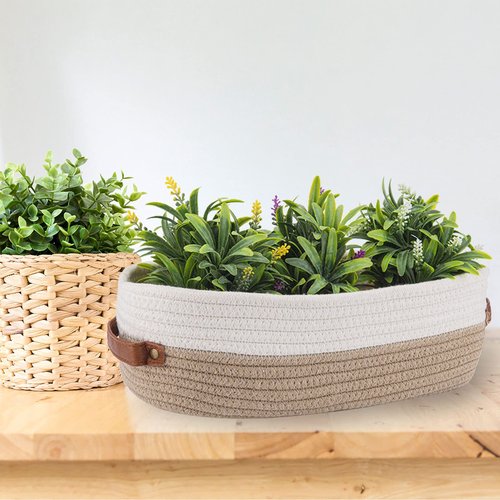 Oradrem 2 Pack Cotton Rope Bathroom Decor Basket,Toilet Paper Holder Basket,Farmhouse Home Decor Organizing Baskets 13"x5.9"x4" Brown Stitching White