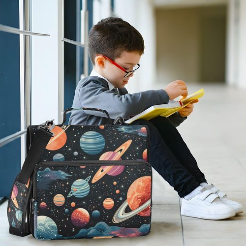 ARGTILDN Space Planet Astronomy 3 Ring Zipper Binder with Handle 1.5 inch Binder Organizer, Multi Pockets Office File Folder with Shoulder Strap 500 Sheet Capacity