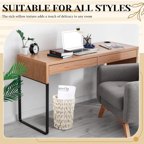 LOYIM 2 Pcs Wicker Trash Cans 2 Gallon Rattan Waste Baskets for Bathroom Wicker Waterproof Boho Trash Cans Compact Woven Round Decorative Waste Baskets for Bedroom Office Bathroom(White)