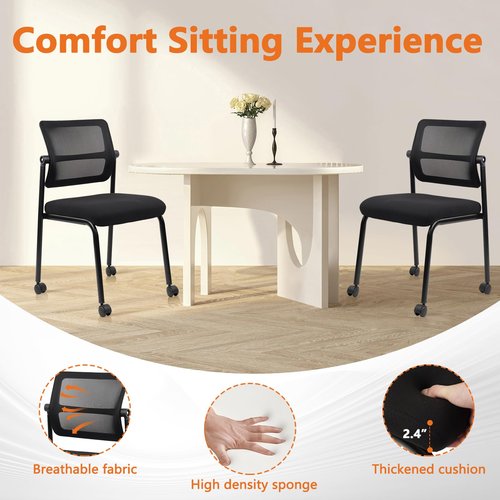 CLATINA Waiting Room Chair with Wheels Adjustable Mesh Backrest Stacking Armless Office Chair, Ergonomic Lumbar Support and Thickened Leather Seats Cushion for Home Conference Lobby Side School Black