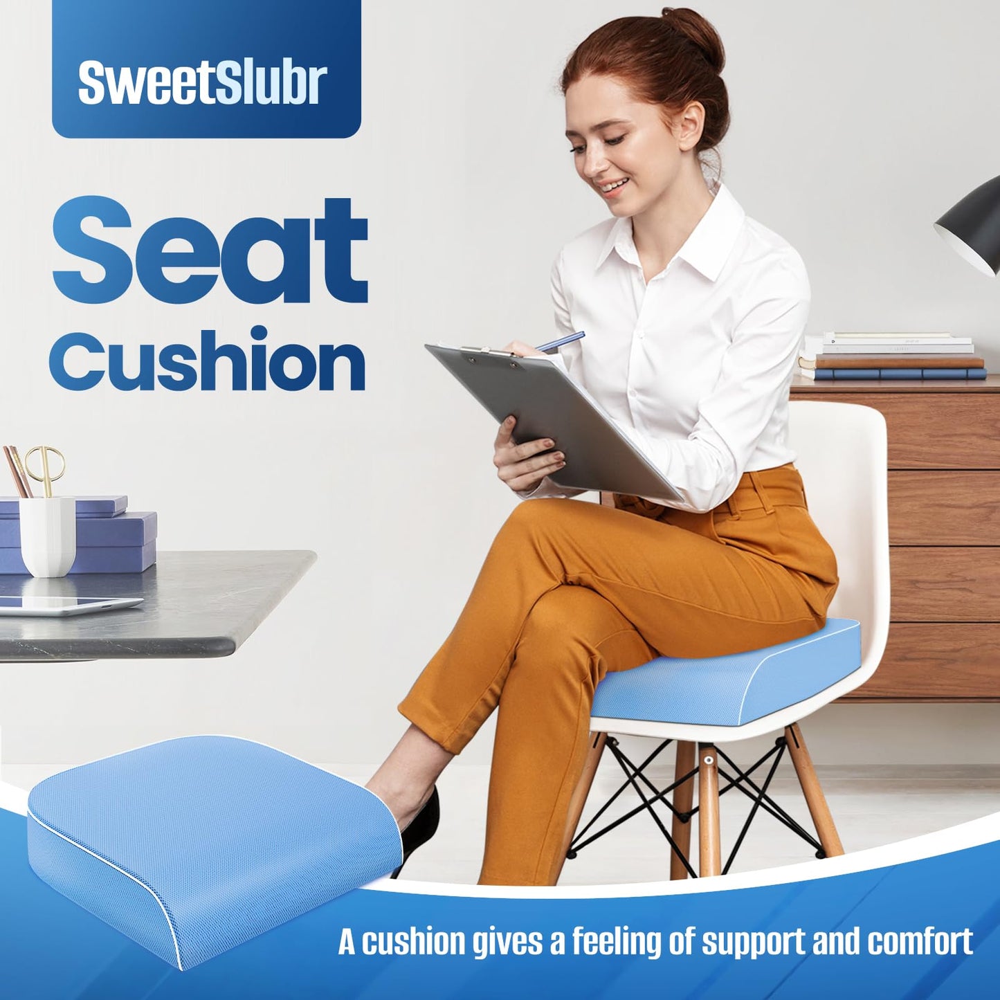 SweetSlubr Seat Cushion for Tailbone Pain Relief, Office Chair Cushion, Memory Foam Large Chair Cushion with Non-Slip Cover for Soft Support at Office Chair, Car Seat, Airplane Light Blue/Large