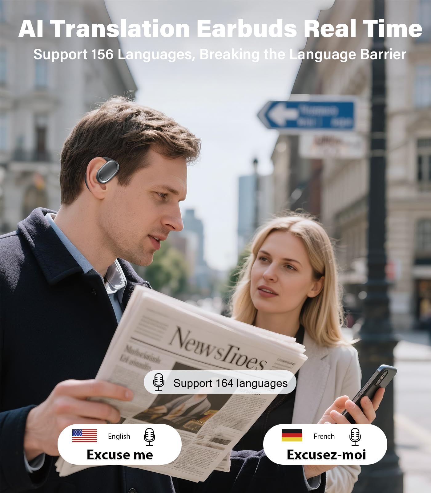 Vilupvie 156 Languages Real-Time Translation Earbuds, 0.5s Instant AI Voice Translator with 60H Playtime, Open-Ear Bluetooth Headphones, Zero Subscription Fee for Business, Travel & Learning