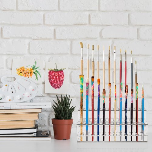 Homoyoyo Pen Organizer for Desk: 48 Slots Stand Clear Pen Holder-2 Tier Clear Desk Organize for Crayons Art Brushes and Makeup Tools-Ideal for Home Office and School Use Art Supply Storage Organizer