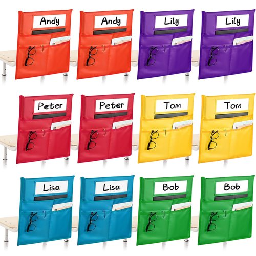 12 Pack Chair Pockets for Classrooms, 6 Colors Student Chair Pocket with 3 Heavy Duty Storage Pocket, Chair Back Buddy Pocket with Name Tag Slot, Ideal Back to School Supplies, Classroom Must Haves
