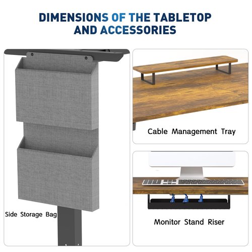 Whole Piece 1-Inch Thick Standing Desk with Side Storage Bag, Cable Management Tray, Monitor Stand Riser, Electric Adjustable Height Rising Table, Ergonomic Office Computer Desks 47.2x23.6 Inch