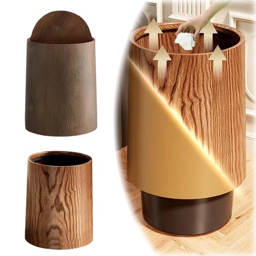 12L Trash Can with Lid - 3 Gallon Walnut Brown Wood Grain Bathroom Garbage Can with Swing Top Lid - Minimalist Diaper Trash Can w Removable Interior Waste Bucket - Dustbin for Office (A)