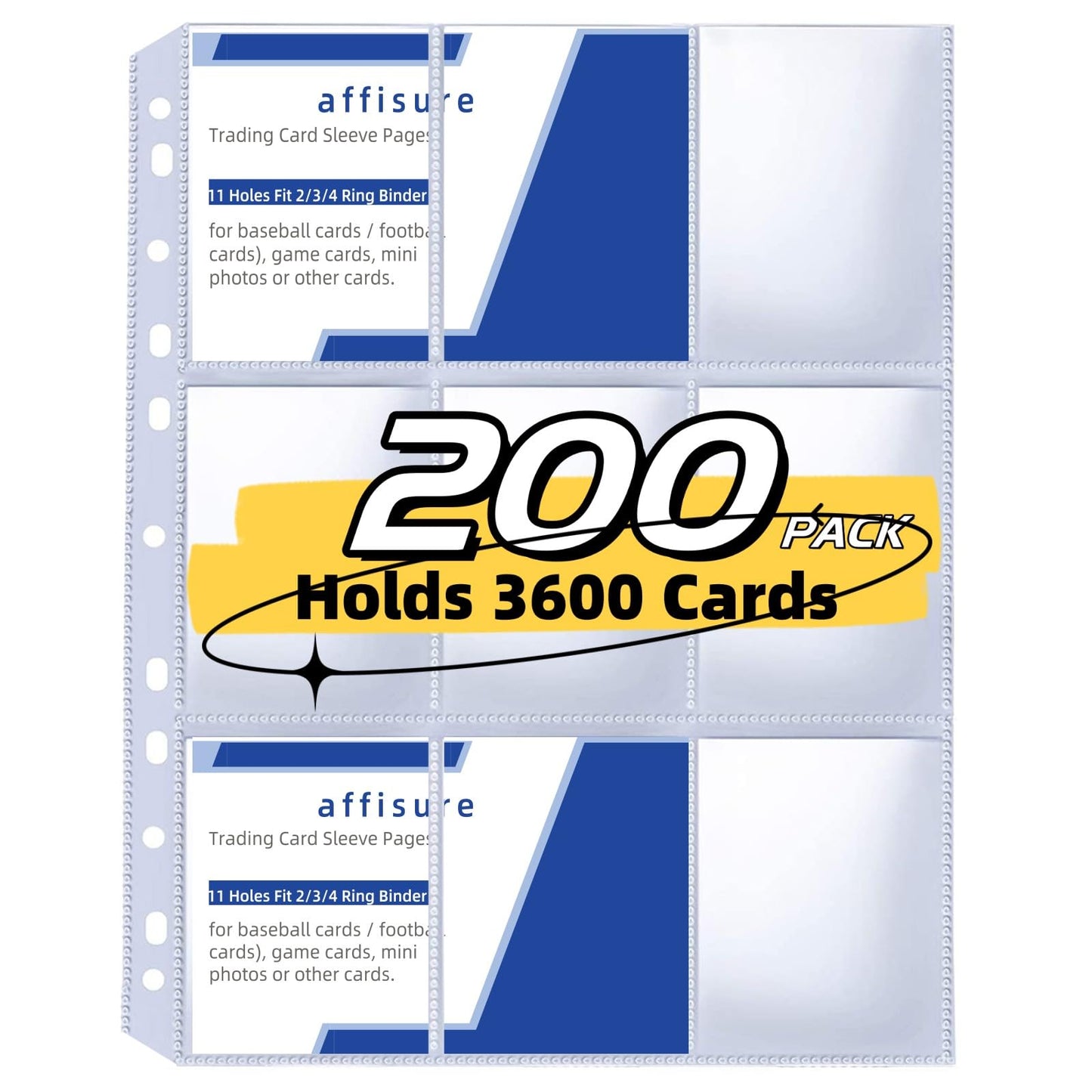 200 Pack 9 Pocket Trading Card Binder Pages, Holds 3600 Cards, Thickened Binder Sleeves, 3 Ring 9 Pocket Sheets for Sports Cards, Coupons Cards