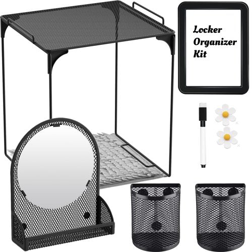 Tcevily 9 Pcs Locker Organizer Kit Includes Locker Shelf Rug Magnetic Mirror Magnetic Pen Holder Magnetic Whiteboard with Marker and Nails Locker Decoration for Back to School Supplies (Black)