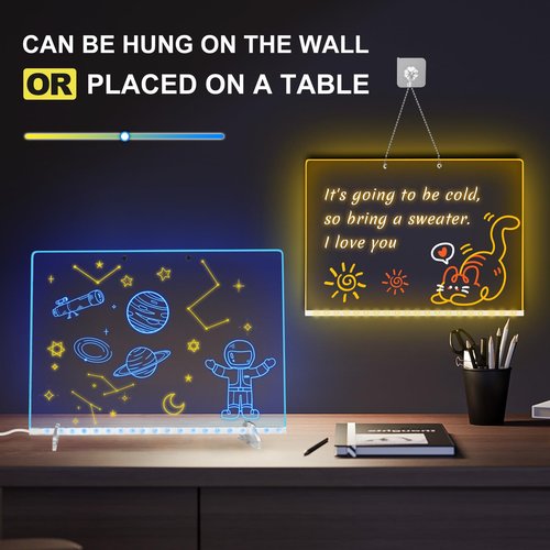 LED Note Board with 7 Colors, Includes Adapter, 13"x10" Led Drawing Board for Kids with Invisible Stand, Light Up Dry Erase Board with 7 Markers, Soft Cloth, Hanging Chain, Holiday Trend Gift
