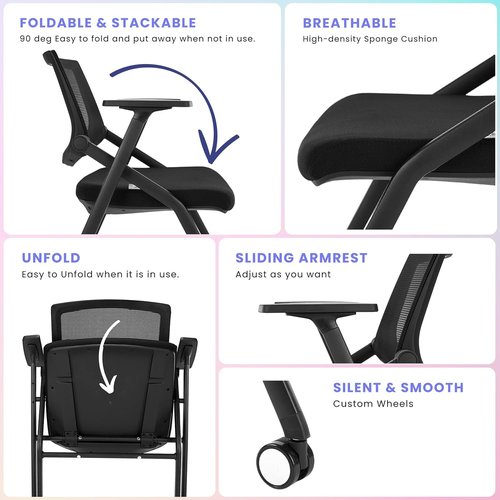 BROBRIYO Ultra Folding Chair with Wheels and Paddle, Ergonomic Mesh Back and Arms for Office, Meetings, Conferences, Receptions, Training Rooms & Folding Office Chairs - Black 2