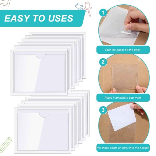 Outus 500 Pack Self Adhesive Index Card Holder Clear Plastic Label Pockets with Top Open for Loading Sticky Business Card Sleeves for Storage Bins Library Organizing Photo Protecting(3.6 x 4.8 Inch)