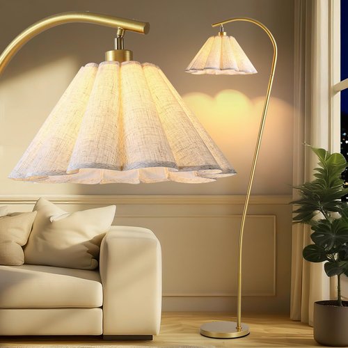 Gold Floor Lamp with Pleated Linen Lampshade, Modern Flower Floor Lamp for Living Room Arc Standing Lamp, Tall Lamp for Bedroom Office Dining Room(Bulb Included)
