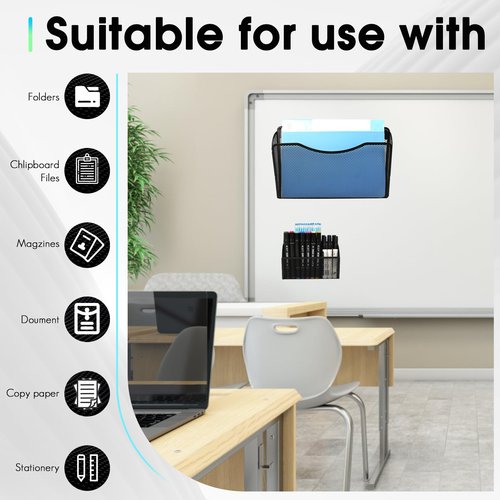 2 Pack Magnetic File Holder, Hanging File Organizer Pencil Holder Magazine Document Paper Holders, Dry Erase Marker Pen Holders, Perfect for Whiteboard, Refrigerator and Locker Accessories