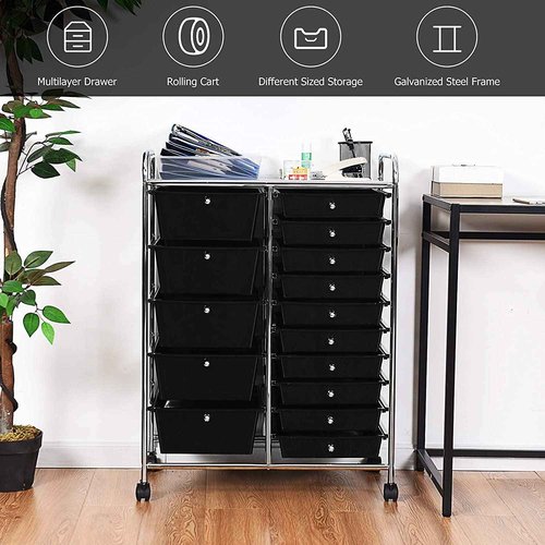 15-Drawer Storage Cart, Mobile Rolling Utility Cart w/Wheels, Multipurpose Organizer Cart for Tools, Scrapbook, Paper, Ideal for Home Office School (Black)