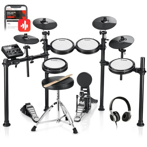 Donner DED-200X Electronic Drum Set, Electric Drum Kit with Quiet Mesh Drum Pads, 2 Cymbals w/Choke, 31 Kits and 450+ Sounds, Throne, Headphones, Sticks, USB MIDI, Melodics Lessons (5 Pads, 4 Cymbals)