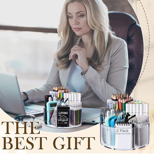 Sunnychicc 2 Pack Acrylic Pen Holder for Desk 360-Degree Rotating Pencil Holder Rotating Desk Organizer Acrylic Office Organizer with 6 Compartments Crayon Marker Pen Holder for Desk