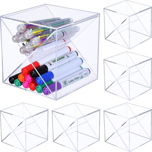 Kosiz 6 Pcs Back to School Stackable Pen Organizer 5.12 Inch Marker Pen Clear Holder Stackable Cube Organizer Removable Divider Acrylic Holder for Office Desk Desktop Storage