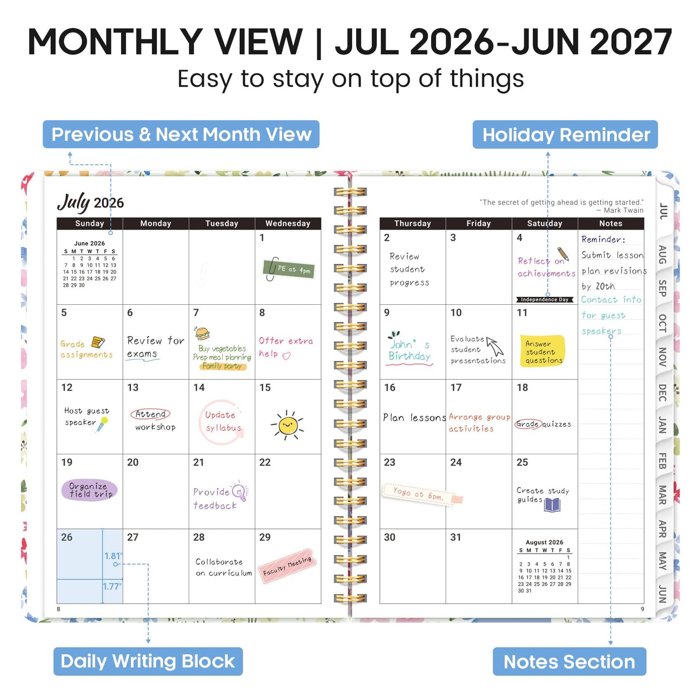 Academic Planner 2026-2027, Weekly and Monthly Calendar Book, July 2026 – June 2027, Hardcover Planner with Tabs, Perfect for Teachers, Students, Women & Men, A4 (8.5" x 11") - Disty