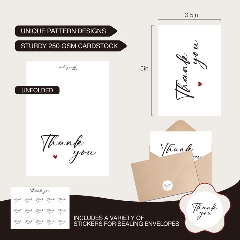 XISHIUYIS Thank You Cards with Envelopes - 24 Pack Heart Design Thank You Notes with Envelopes Set, Small Blank Thank You Cards (3.5x5in) for Weddings, Baby Showers & Business
