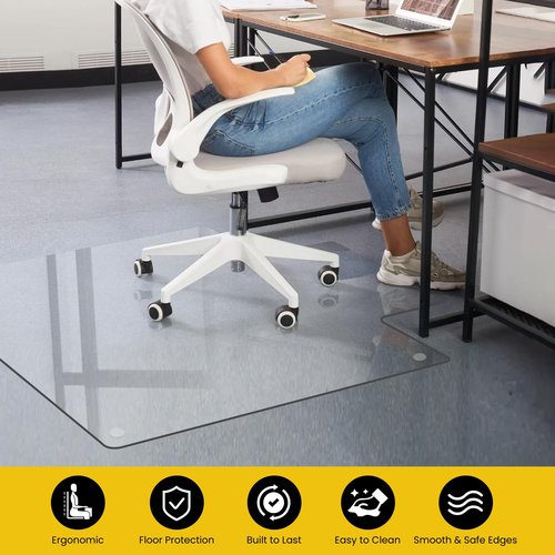 VASUHOME Heavy Duty Tempered Glass Chair Mat with Lip – 53" x 45" Large Floor Protector for Carpet & Hardwood, 1/5" Thick, Includes 12 Anti-Slip Pads