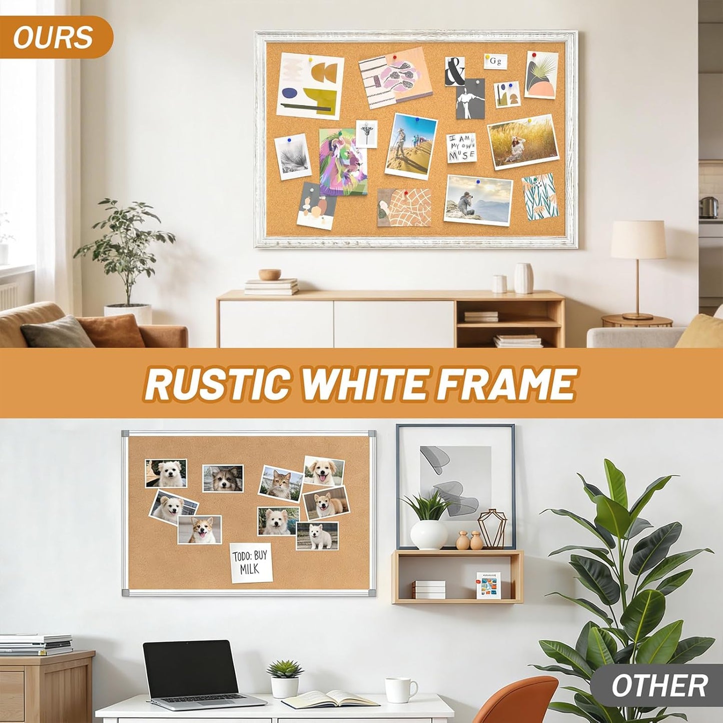 White Cork Board - 36 x 24 Inch Decorative Bulletin Board with Rustic Wooden Frame for Home & Office