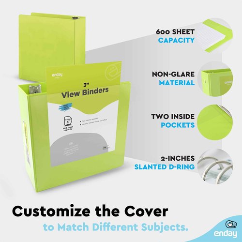 3 Slant D-Ring Binder 3 Inch, 3 in Clear View Cover with 2 Inside Pockets Binder, Heavy Duty Colored School Supplies Binders in Red, Green, Grey, Purple, Blue, Pink, Multicolor (6 PC) – by Enday