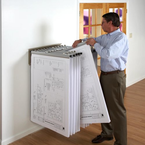 Brookside Design Wall Mounted Blueprint Storage Rack – Holds Up To 1200 Blueprints In 12 Pivot Hangers – Blueprint Hanging Rack, Heavy Duty - WRWH