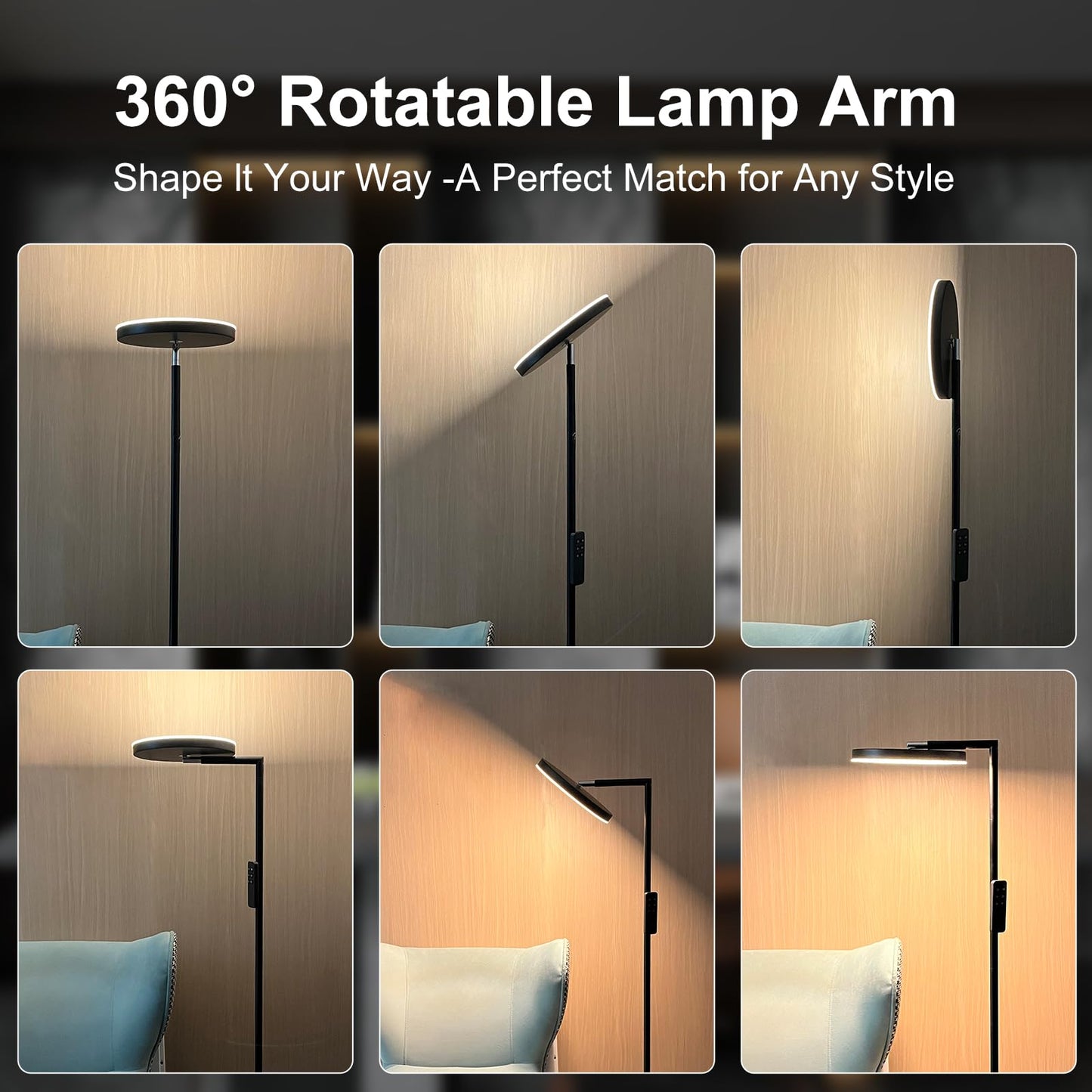 Anrotix 90-Degree Foldable LED Torchiere Floor Lamp, Super Bright 30W 3000LM, Remote Control with Stepless Dimming & Color Temperature Adjustable, Standing Lamp for Living Room, Bedroom, Office Black