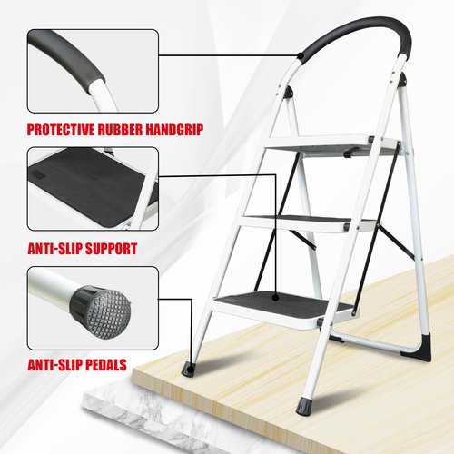 BIG RED 3 Step Ladder: Ergonomic Folding Stool with Anti-Slip Pedal, Step Stool with Padded Handle for Kitchen, Household, Offices. 400 lb Capacity