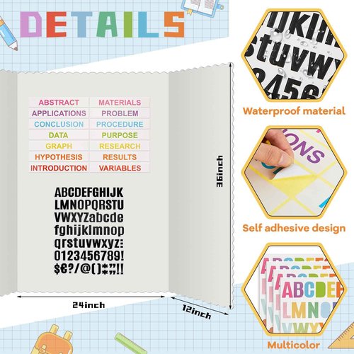 Teling 40 Pcs Trifold Poster Board 36" x 48" Large Science Fair Display Board Lightweight Fold Presentation Paperboard 8 Trifold Display Paperboard and 16 Letter Stickers and 16 Pcs Science Titles