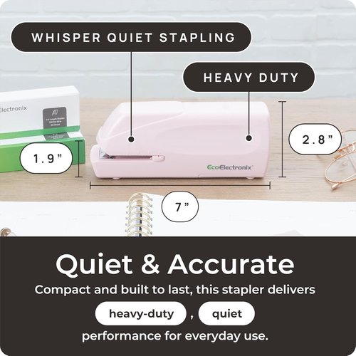 EcoElectronix Portable Electric Stapler Pro - 30 Sheet Capacity, Quiet & Jam-Free Operation | Battery/AC Powered (Pink)