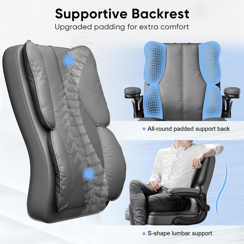 Kensaker Executive Leather Office Chair, Computer Chair with Thick Cushion & Lumbar Support, Ergonomic Desk Chair with Adjustable Headrest & Armrests,Grey