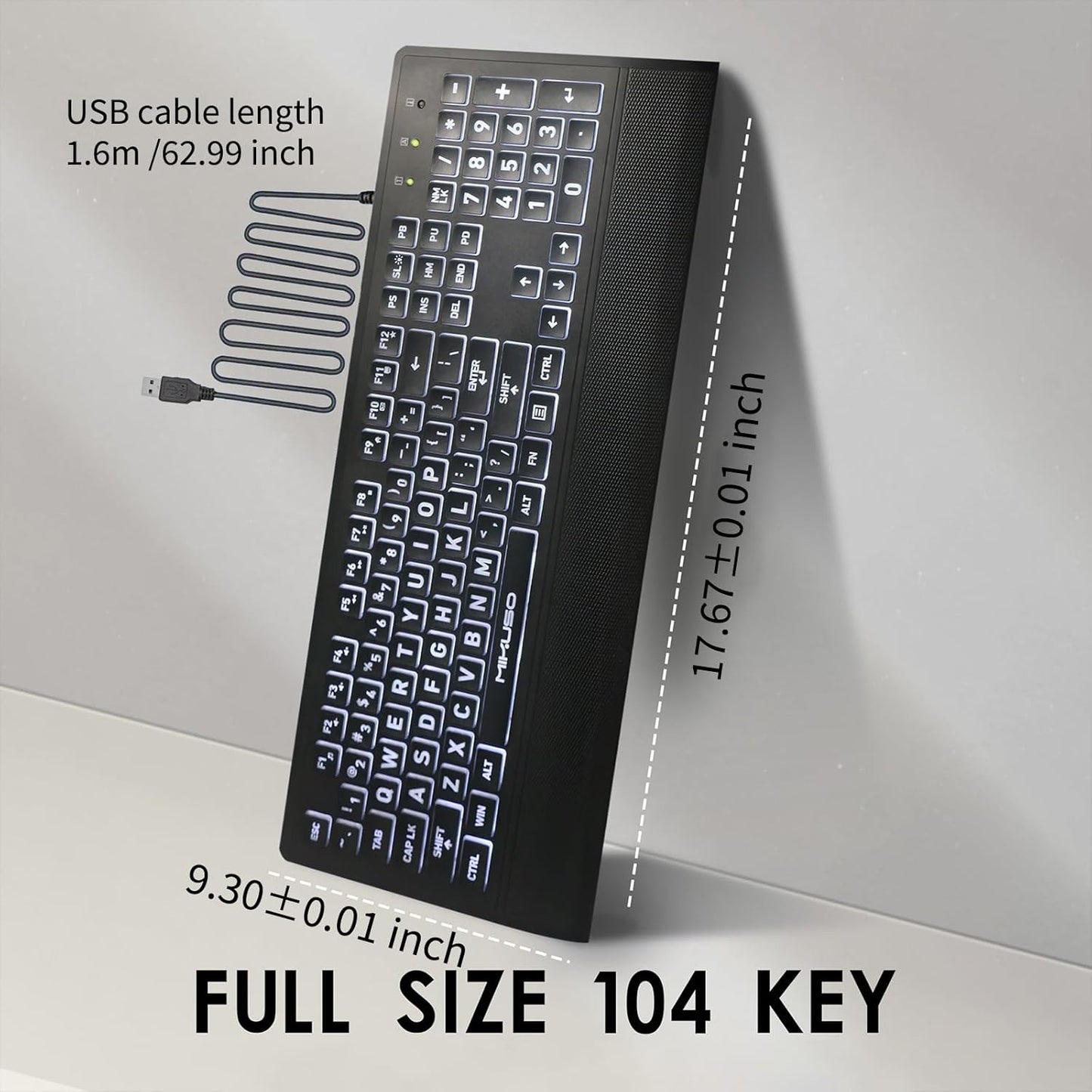 Skiennix Large Print Keyboard - High Contrast Black Keys with White Backlight | 104 Full Size for Low Vision