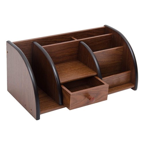 Liry Products Cherry Brown Wood Desktop Organizer Multiple Compartments Stepped Racks Drawer Shelf Tabletop Storage Cabinet Stationery Holder Office Accessory Supplies Caddy Sorter Home