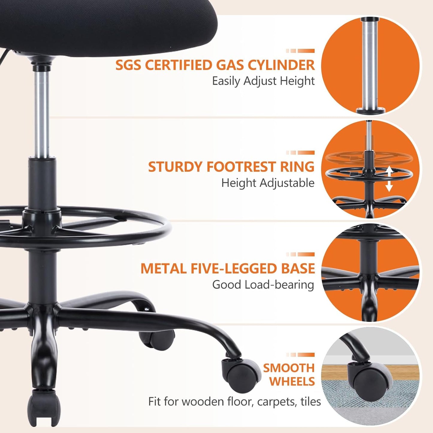 Sweetcrispy Ergonomic Drafting Desk Chair - Adjustable Height with Comfy Lumbar Support | Black