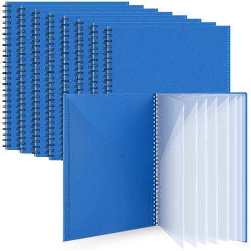 8 Pcs 10 Pocket Folder Bulk Plastic Spiral Project Organizer for Documents Papers Homework Portfolio Folder Binder with Plastic Sleeves School Office Supplies (Blue)