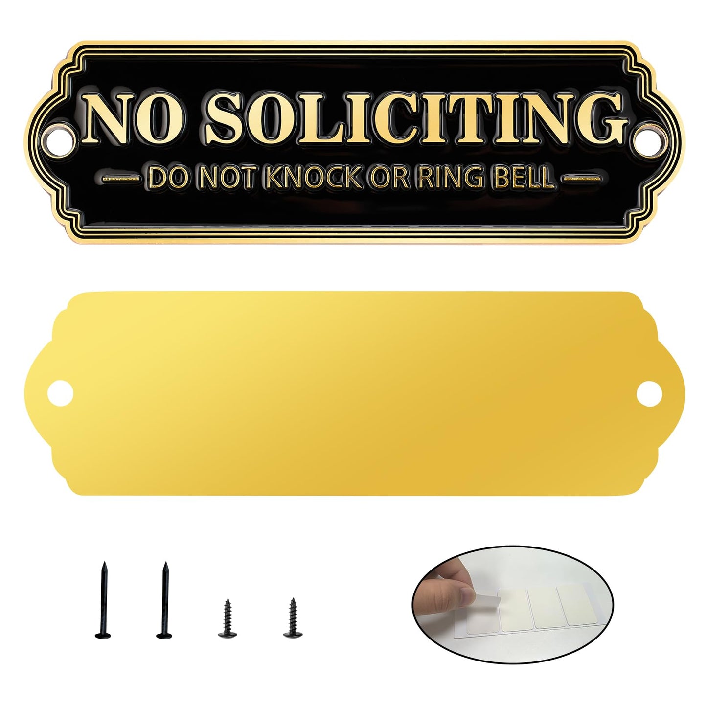 Brass No Soliciting Sign, No Soliciting Sign for House - Solid Brass Wall Plaque Handmade Traditional Home Decor, Elegant No Soliciting Do Not Knock or Ring Bell Sign for Office and Business (Brass No Soliciting Sign Yellow, 5 x 1.6 inches)