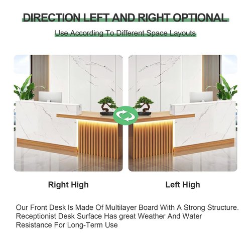 Modern Reception Desk Checkout Counter Front Desk Retail Counter with Hidden Lighting Receptionist Table Need Assembly for Modern Office Spaces Lobby White and Wood Right 63inch/160cm