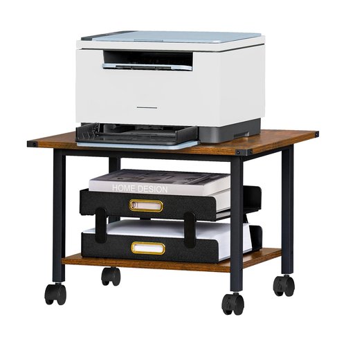 Lerliuo Under Desk Printer Stand, 2-Tier Industrial Mobile Printer Table with Storage Shelf and Steel Frame, Rolling Printer Cart Holder with Lockable Wheels for Home, Office (Rustic Brown)