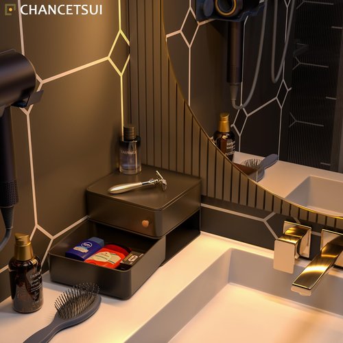 CHANCETSUI Black desk organizer for men: Multi function countertop container for gaming desk, workstation, bathroom storage, square storage box for black aesthetic
