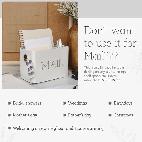 Lola Creates Farmhouse Mail Organizer - Drawer Organizers - Metal Box - Stylish Decor for Office and Kitchen Counter - Decorative with Gold Lettering - White