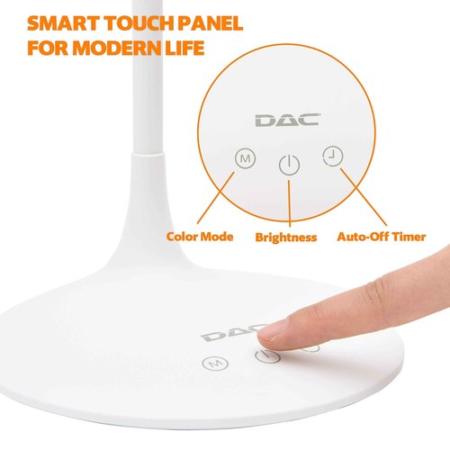 DAC LED Desk Lamp, Eye Care Table Lamp, 360 Degree Flexible Gooseneck, Continuously Dimmable, 3 Color Modes, Touch-Sensitive Control Panel, 40-Minute Auto Shut-Off Timer, White, 6W