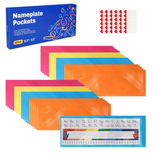 Nameplate Pocket, Name Tag Pockets for Desks, 15.3" x 5.5'' Non-Woven Fabric Adhesive Clear Nametag Sleeves Covers for Student Desks, Classroom Suppliers (36 PCS)